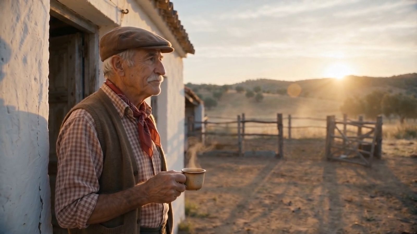 Fotograma del spot Tomate Huevo de Toro: un agricultor mayor con un café al amanecer