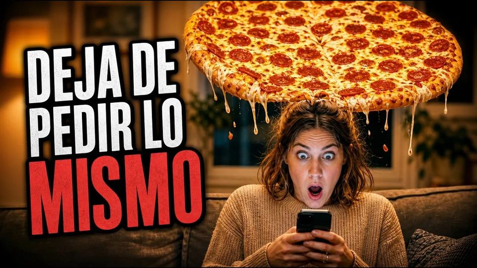 Mujer sorprendida mirando el móvil bajo una pizza gigante