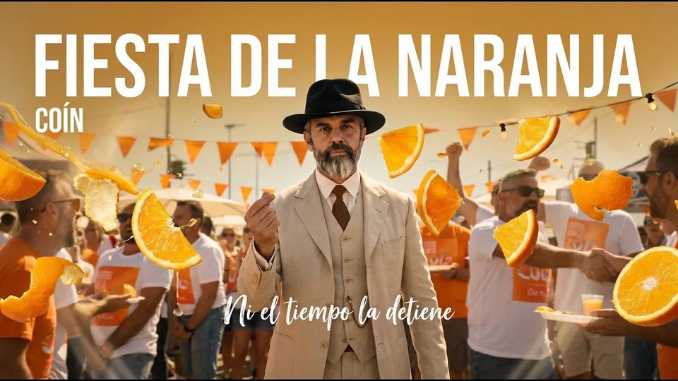 Cartel de la Fiesta de la Naranja de Coín con naranjas volando