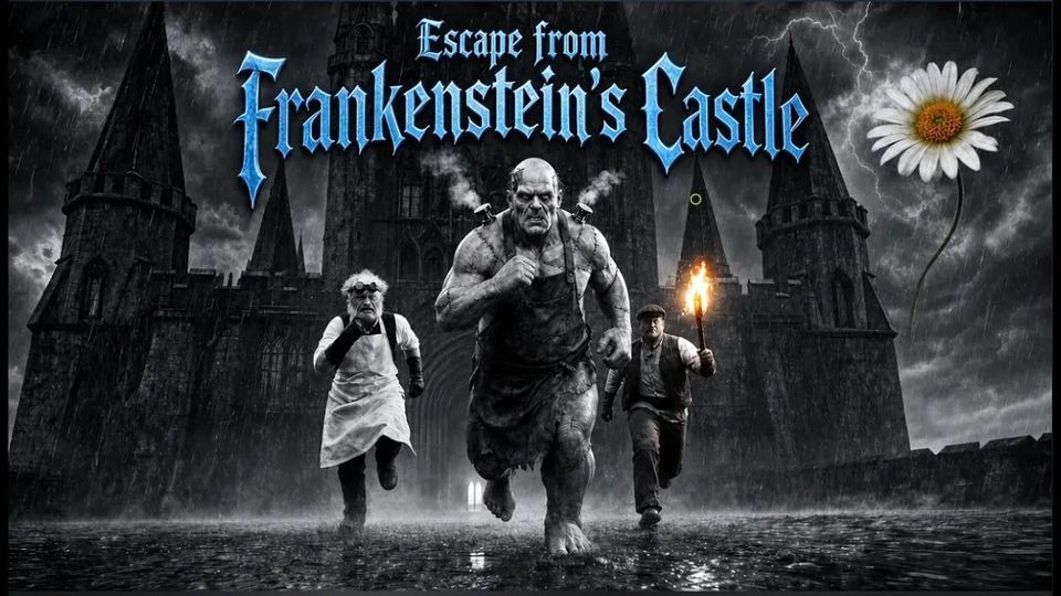 El monstruo de Frankenstein huye del castillo bajo la lluvia