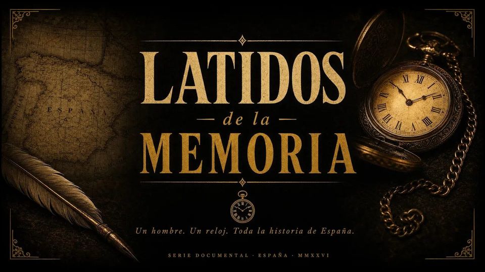 Título de Latidos de la Memoria con un reloj de bolsillo, una pluma y un mapa antiguo