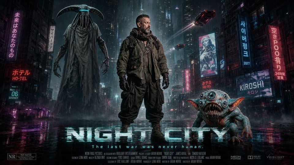 Cartel de Night City: soldado y criaturas en una ciudad de neón