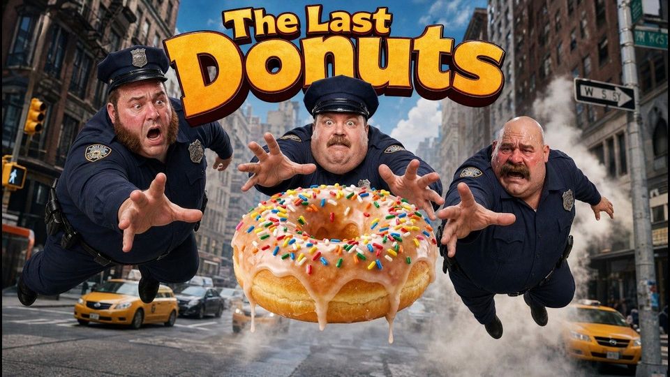 Tres policías saltando a por un dónut gigante